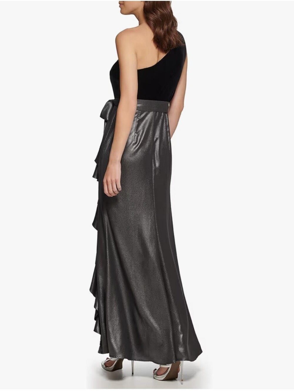 DKNY Velvet Foil Chiffon Ruffle Mix Media Dress Gown Maxi Length - Picture 9 of 15